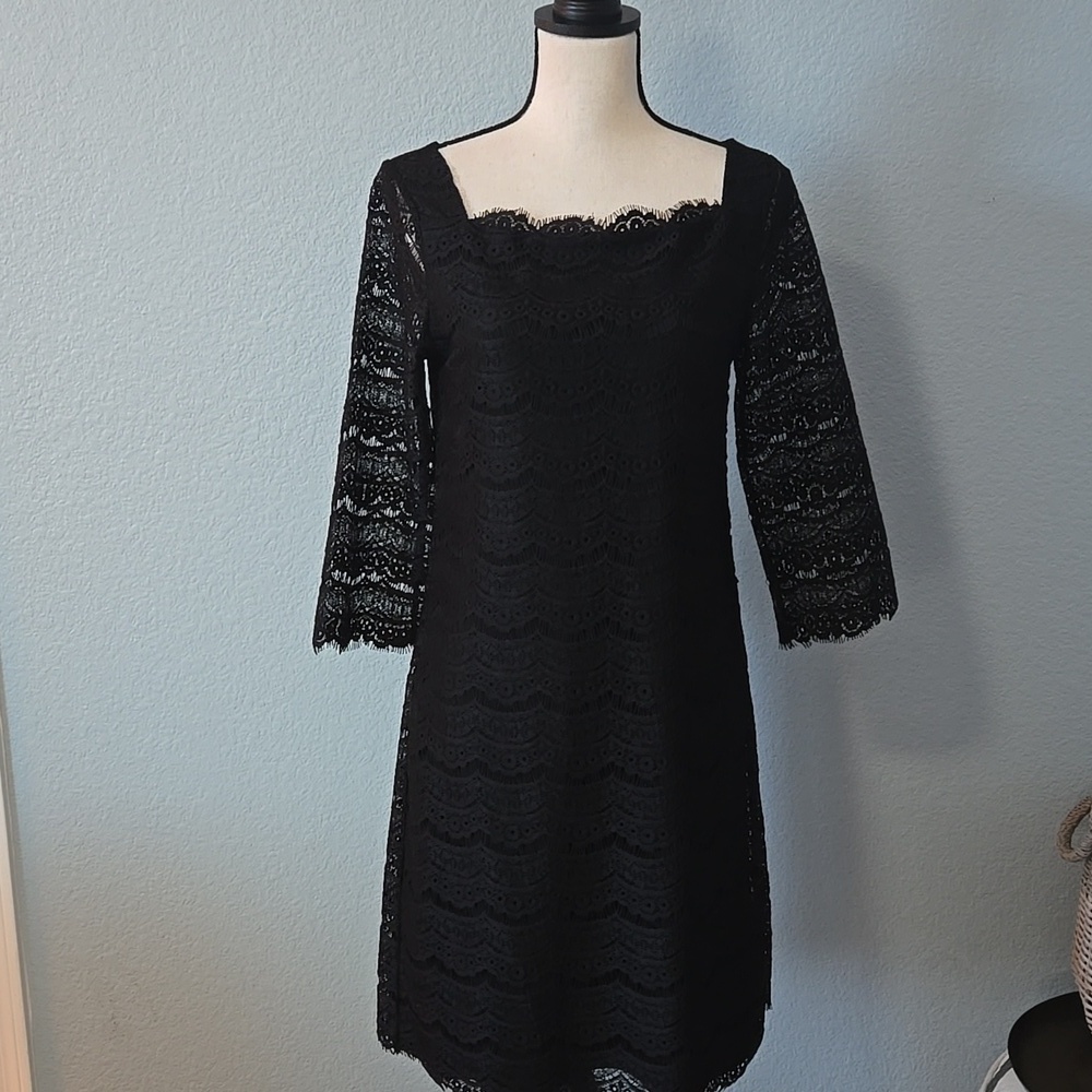 WHBM Scalloped Victorian Lace 3/4 Sleeve Midi Dress Lined Size Small